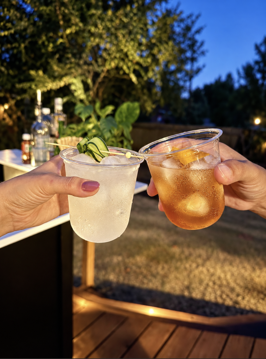 Two guests toasting with craft cocktails at an outdoor bar